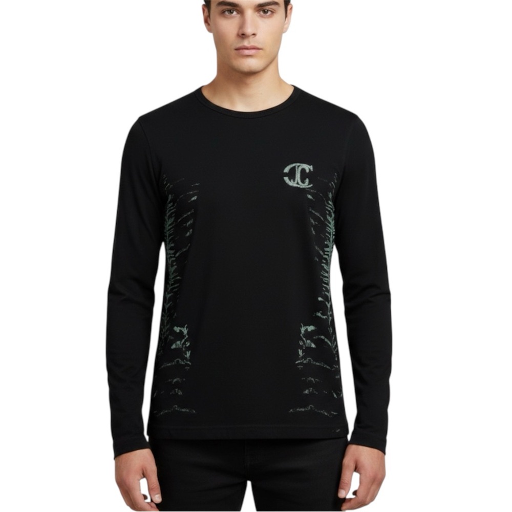 Roberto Cavalli Just Cavalli Black Long Sleeve Logo Tiger Print Top Size Large